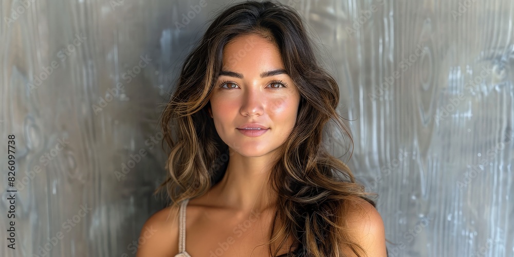 A stunning woman with beautiful wavy hair is smiling against a textured gray background
