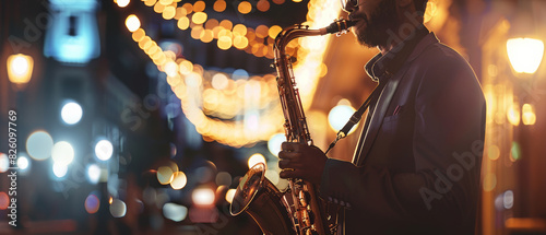 A saxophonist immerses in his soulful play amidst the city night lights, jazz filling the air. photo