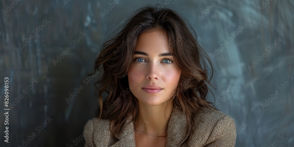 Woman with blue eyes in stylish brown jacket, symbolizing fashion and beauty in a studio Woman with blue eyes in stylish brown jacket, symbolizing fashion and beauty in a studio