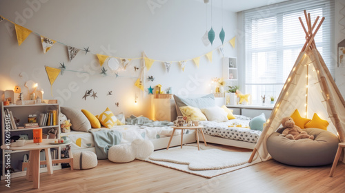 Cozy children's playroom with wigwam tent, toys and decor in Scandinavian style. photo