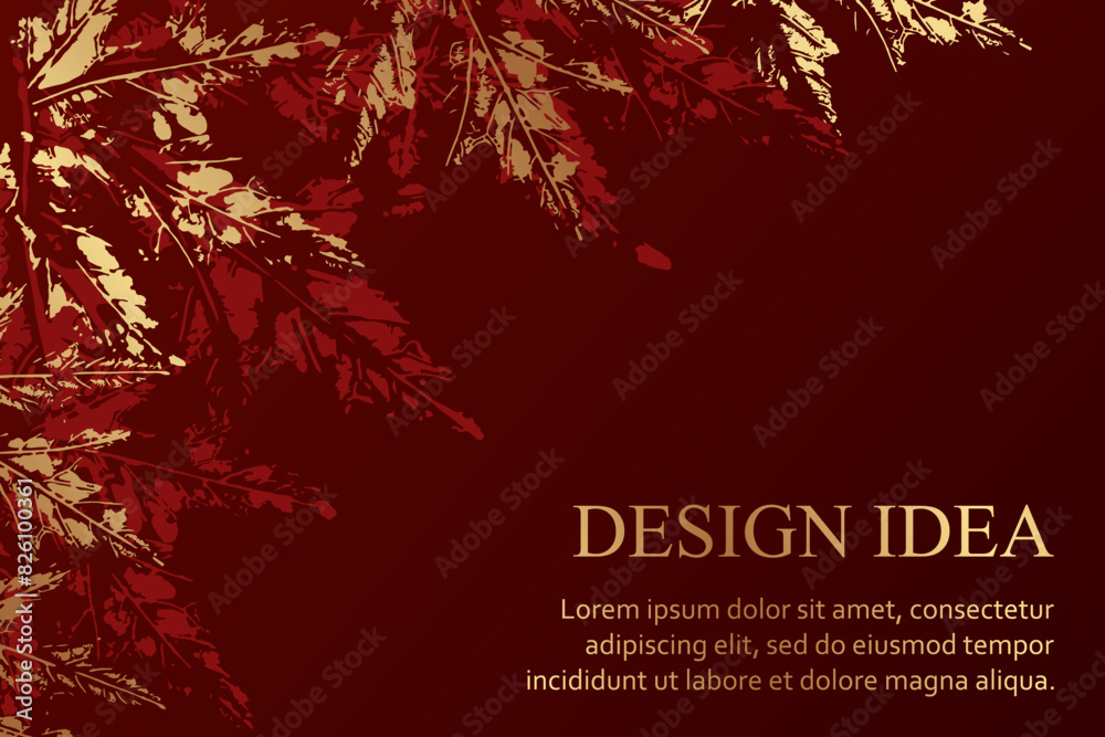 Modern luxury red background for web page or bithday greeting or poster or sale banner with golden autumn maple leaves.