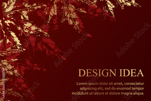 Modern luxury red background for web page or bithday greeting or poster or sale banner with golden autumn maple leaves.