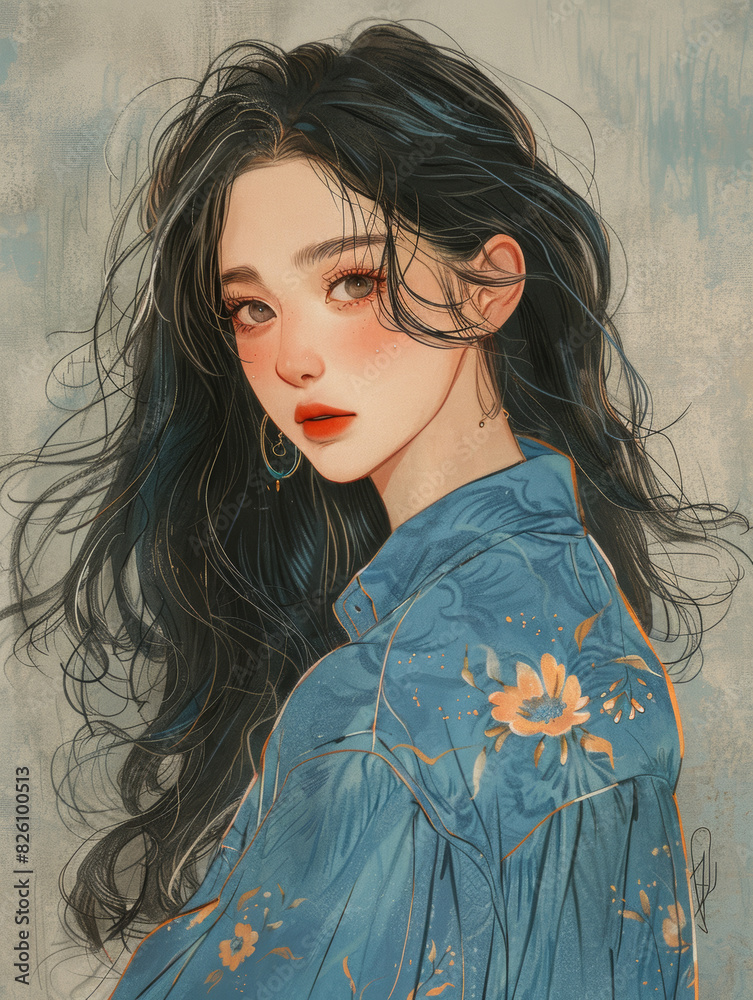 cartoon illustration of a pretty Asian girl with long black hair ...