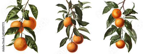 Mandarin isolated on transparent background old botanical illustration