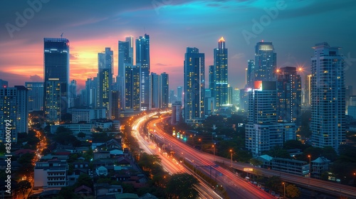 light flow of traffic on evening highway in a city with modern high building