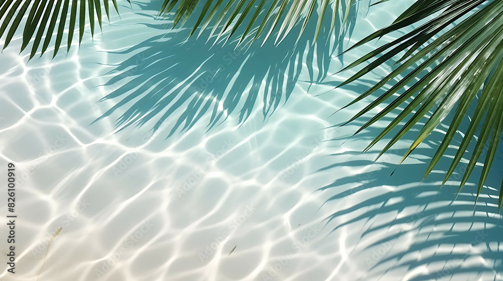 Top view of water surface with tropical leaf shadow. Generative AI Top view of water surface with tropical leaf shadow. Generative AI