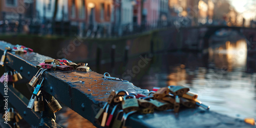 The chains of the drawbridge are often covered in padlocks as a romantic gesture with bokeh background © Mujahid