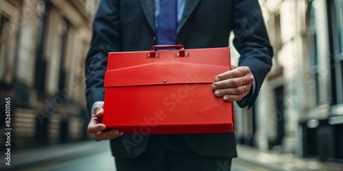 businessman holding a red folder bag with blur background