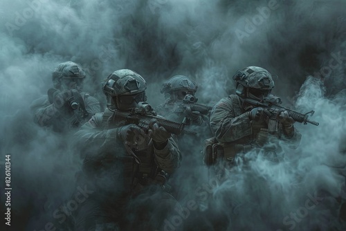 A group of special forces soldiers navigating through a smoke-filled area, using cloaking technology to remain hidden and strategic photo