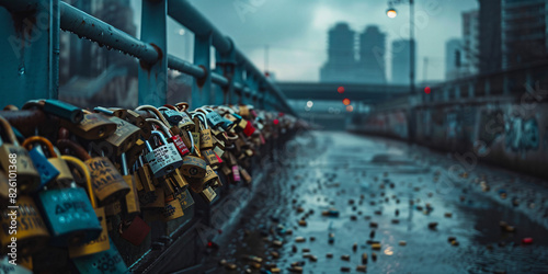 Symbolic love padlocks on bridge in Wroclaw Poland with city background