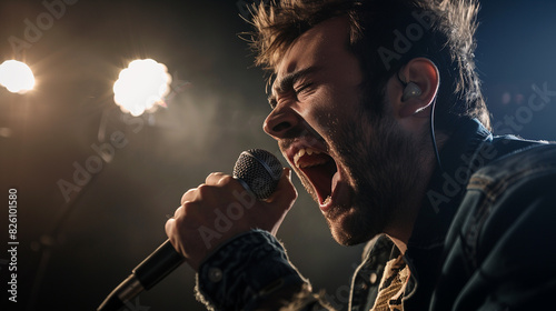 Young man singing with a microphone at a concert