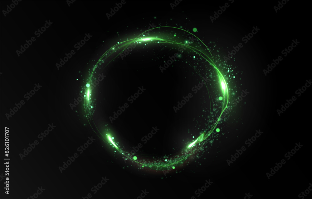 Magic green wind png festive isolated on transparent background. Green comet png with sparkling stars and dust. Powder dust light PNG. Magic shining green dust. Fine, shiny dust bokeh particles.
