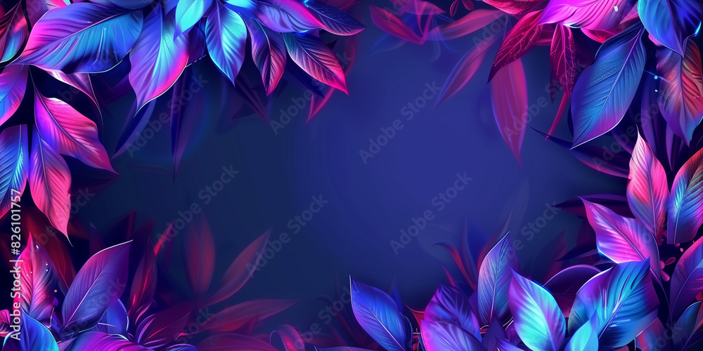 A dense collection of neon-lit leaves against a deep blue to purple gradient backdrop A dense collection of neon-lit leaves against a deep blue to purple gradient backdrop