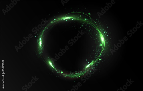 Magic green wind png festive isolated on transparent background. Green comet png with sparkling stars and dust. Powder dust light PNG. Magic shining green dust. Fine, shiny dust bokeh particles.
