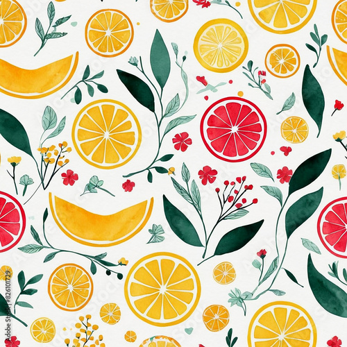 Fresh oranges, lemons, and flowers on white background