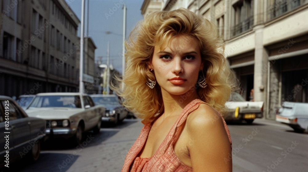 Portrait of the beautiful young woman on the street, 80s era fashion style.