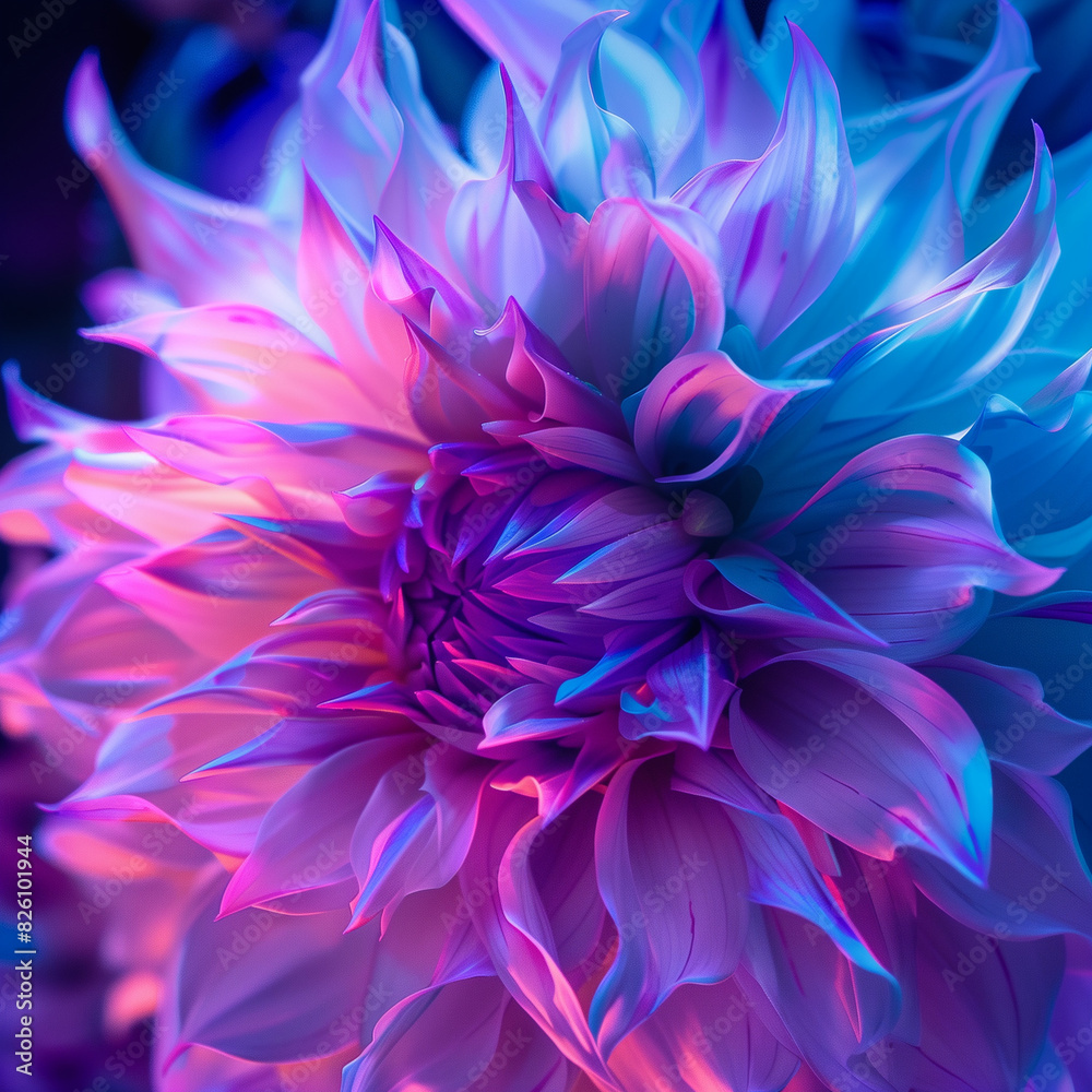 This image displays a close-up of a dahlia flower with a stunning blue and purple gradient illumination, highlighting its intricate petals This image displays a close-up of a dahlia flower with a stunning blue and purple gradient illumination, highlighting its intricate petals
