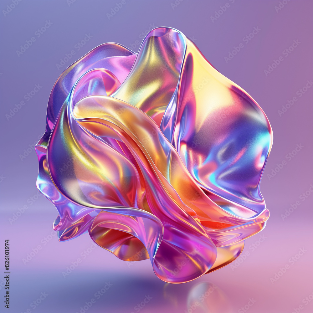Obraz premium Digital artwork of a flowing, fabric-like iridescent sculpture with a sense of motion in a purple setting