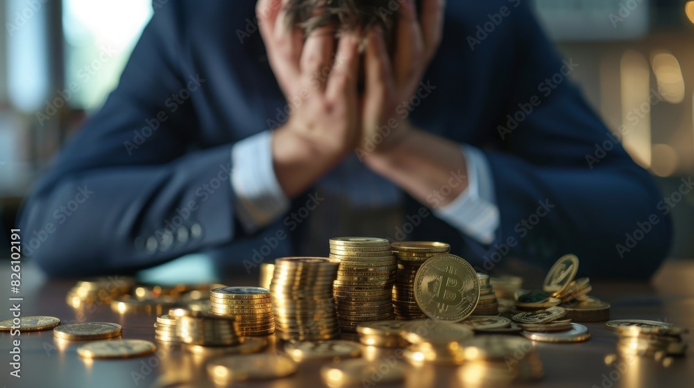 A frustrated merchant sits at a table with a pile of gold coins next to him, blurred background