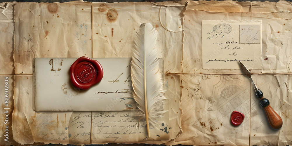 Old sealed letters, wax stamps, and a feather pen signify traditional ...