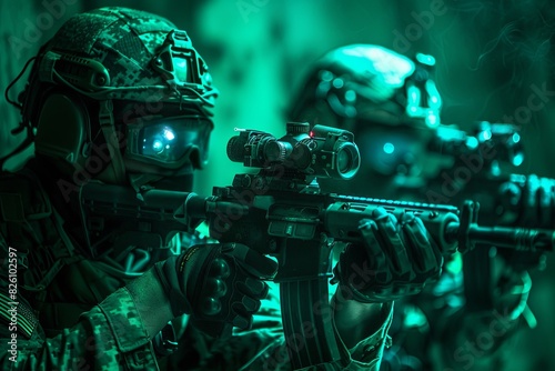 Special ops soldier equipped with rifle in a green light environment