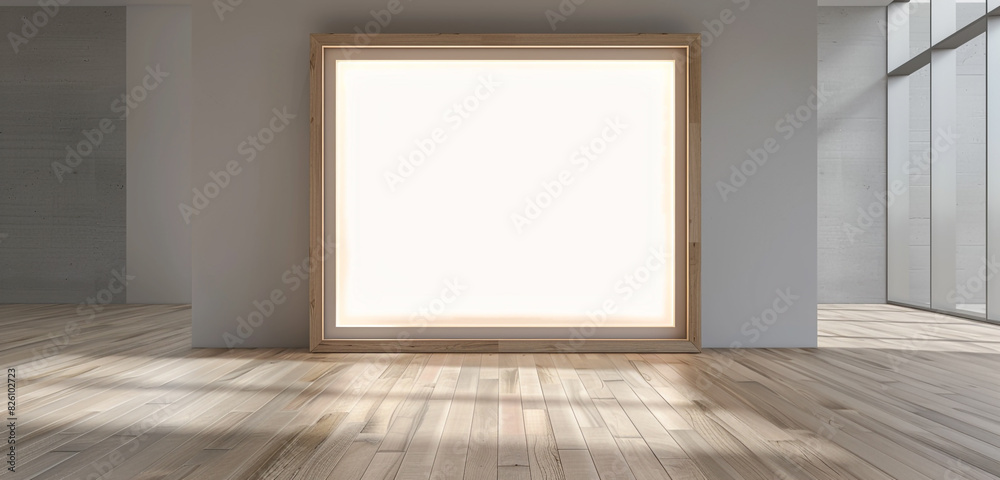 Minimalist wooden frame with an oyster grey light border in a clean room with wooden flooring. Minimalist wooden frame with an oyster grey light border in a clean room with wooden flooring.