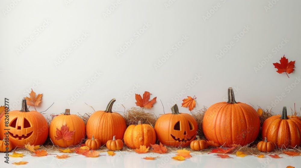 Halloween Themed Pumpkin Arrangement With Autumn Leaves On Hay Halloween Themed Pumpkin Arrangement With Autumn Leaves On Hay