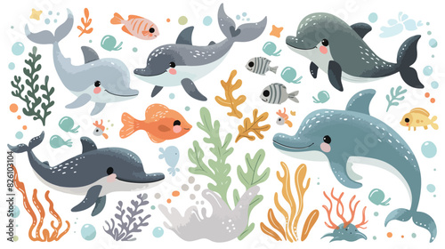 Marine life and cartoon ocean animals Cartoon Vector