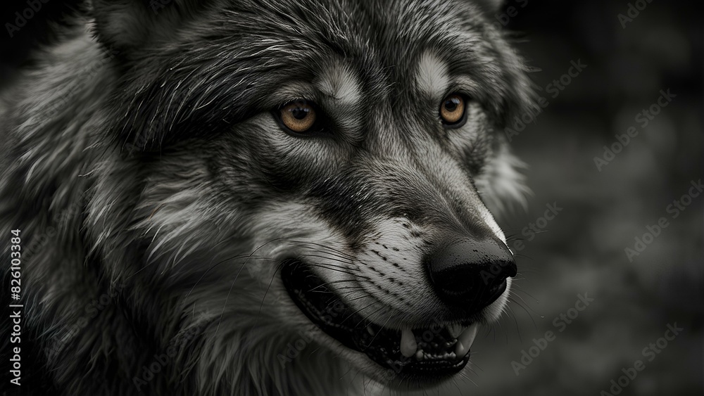 Intense Gaze: Grayscale Wolf Portrait with copy space