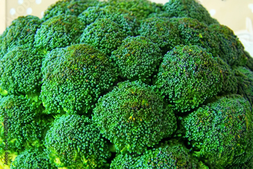 fresh broccoli. large green broccoli lies on a white background  top view closeup vegetable concept