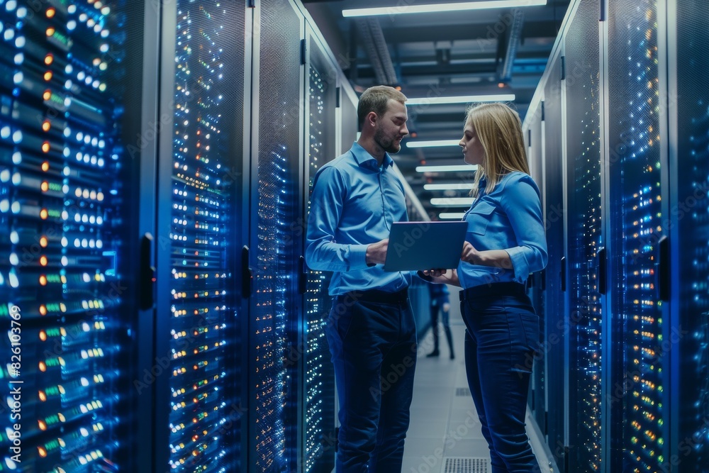 Fototapeta premium A man and a woman are looking at a laptop in a server room