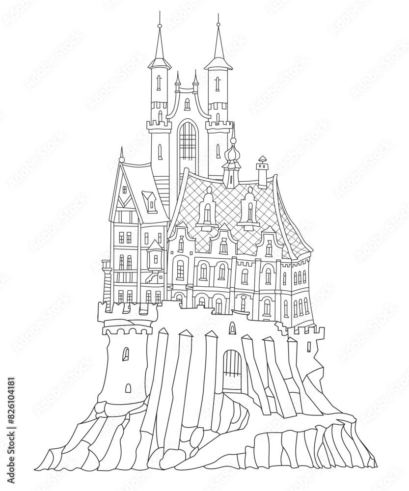 Fototapeta premium Fairy tale castle fortress. Hand drawn black and white architectural sketch for coloring book page