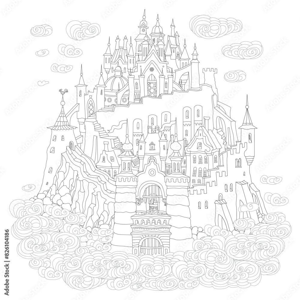 Fairy tale castle in the air. Coloring book page Hand drawn black and white sketch of medieval houses on the clouds