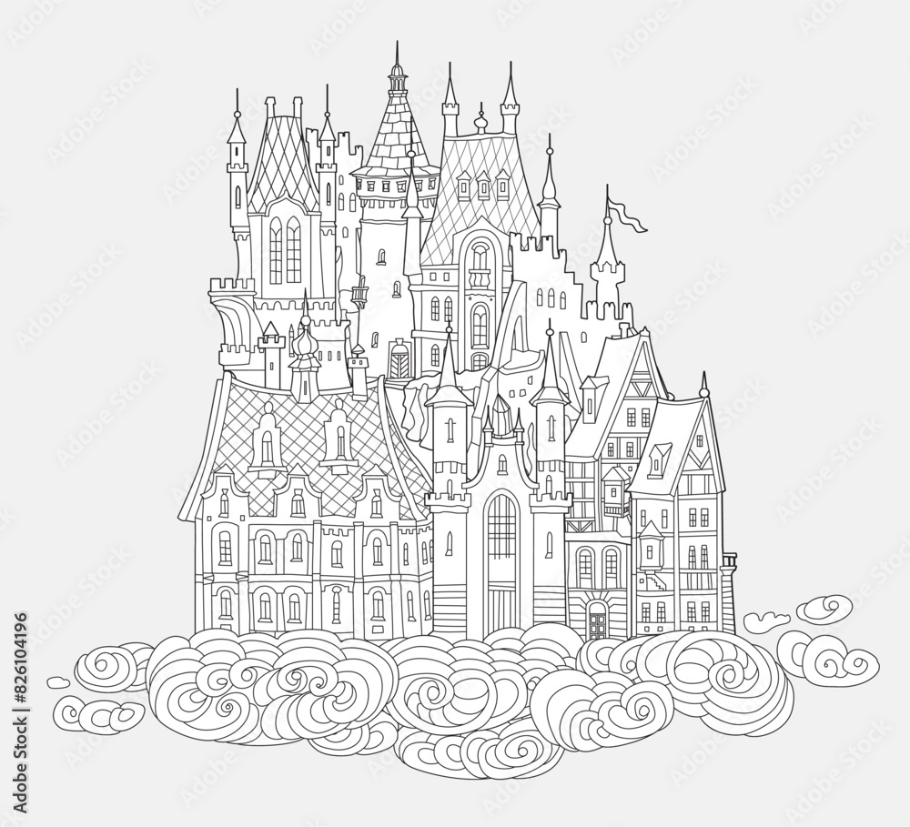 Fairy tale castle in the air. Coloring book page Hand drawn black and white sketch of medieval houses on the clouds Fairy tale castle in the air. Coloring book page Hand drawn black and white sketch of medieval houses on the clouds