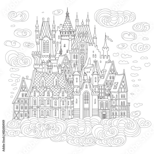 Fairy tale castle in the air. Coloring book page Hand drawn black and white sketch of medieval houses on the clouds