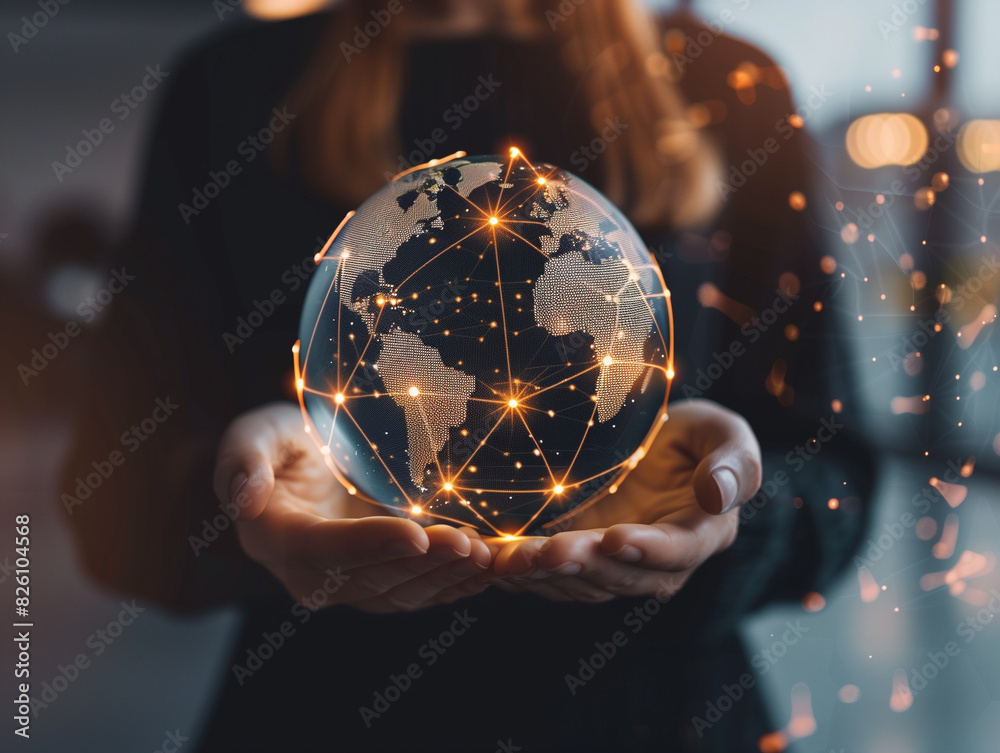 Fototapeta premium Hände einer Geschäftsfrau, die eine Erdkugel halten. Konzept eines global vernetzten Unternehmens