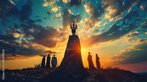 Majestic silhouette of a powerful queen with her advisors in the background, set against a dramatic sunset, symbolizing royal authority photo