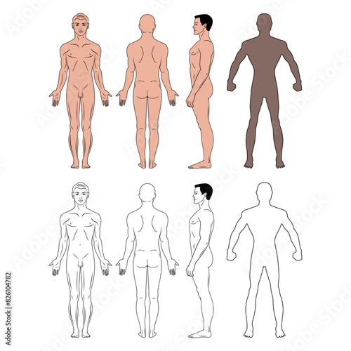 Fashion man body full length set front view template figure, vector illustration isolated on white background