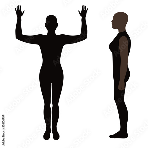 Full length front view of a lean bald standing naked girl silhouette, isolated on white background. Vector illustration