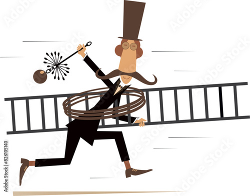 Cartoon running chimney sweeper. 
Funny running chimney sweeper in the top hat with a rope, chimney brush and ladder. Isolated on white background
