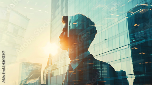 Double exposure of businessman and office building. Generative AI illustration 
