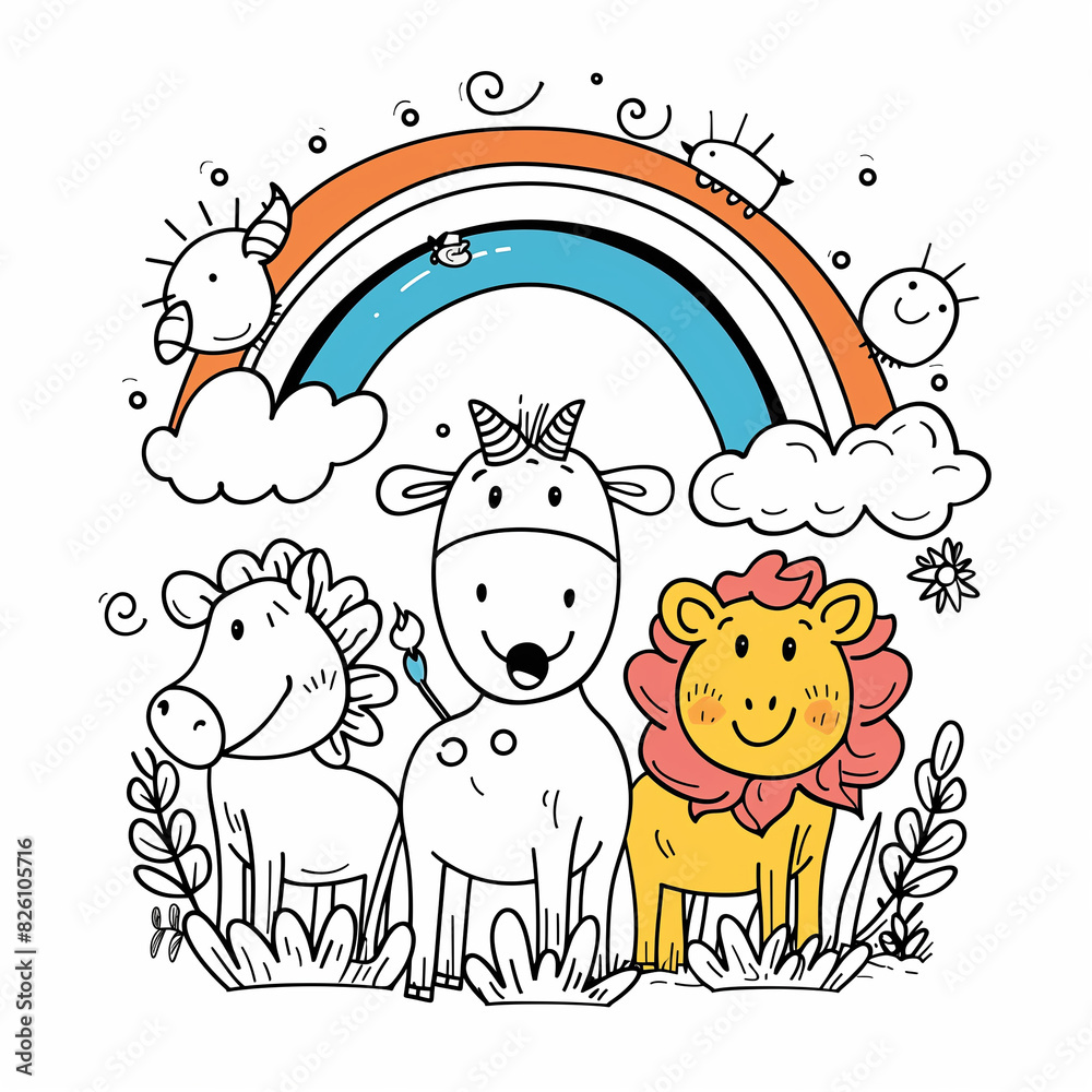Cute unicorn, lion, rainbow and goat coloring page for kids. Hand-draw ...