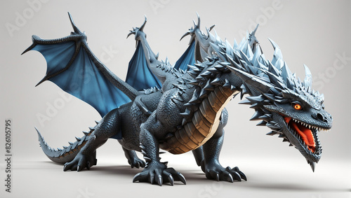blue and gray dragon with its wings spread.