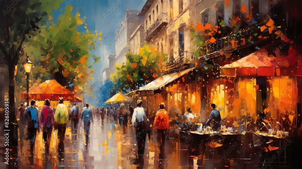 Image of impressionist painting of a busy street in city