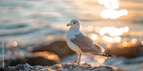 seagull on the beach with sun background