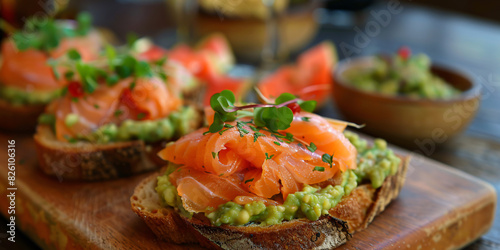  avocado and red fish salmon toast sandwich with blur background