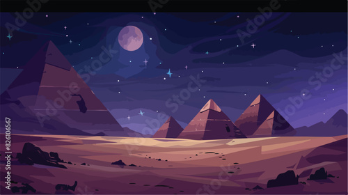 Nighting pyramids. Egyptian pyramid in sand desert