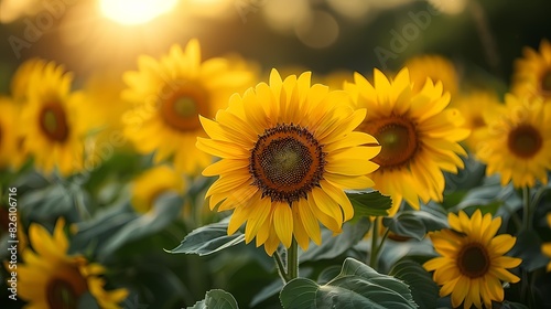 A picturesque countryside scene with a field of sunflowers in full bloom  their bright yellow petals contrasting beautifully against the lush green background