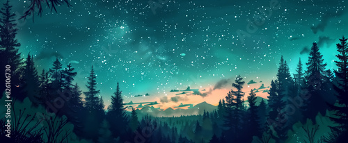 aesthetic gradient cosmic green and blue starry sky with silhoue photo