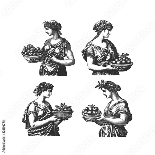 ancient roman woman holding a basket full of fruit vintage vector illustration